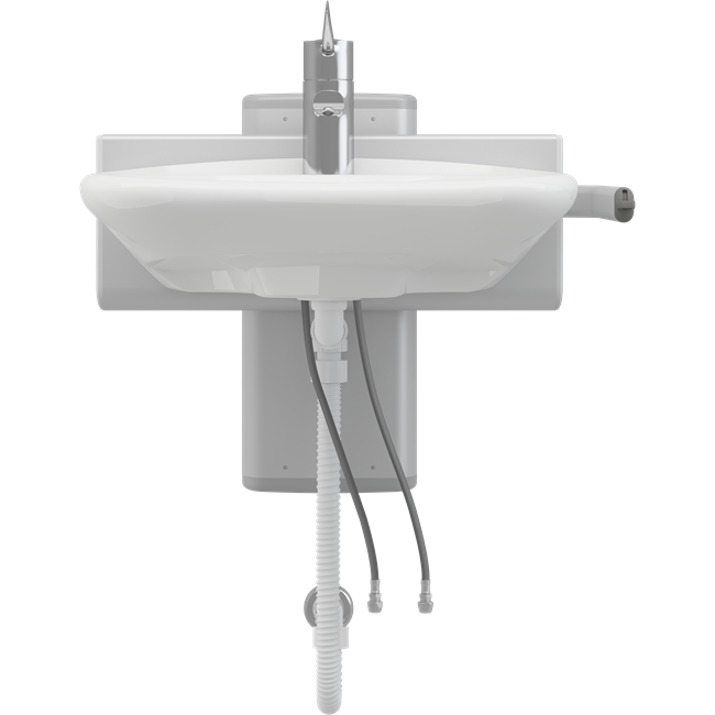 Solution with PLUS wash basin bracket, manually height adjustable, and MATRIX CURVE wash basin