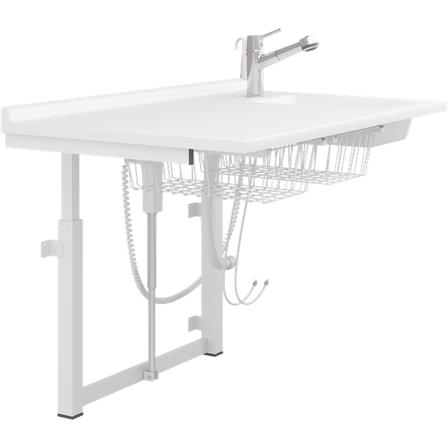 Puslebord, 800 x 1400 mm, elektrisk højderegulérbart, med sanitet og armatur med håndbruser