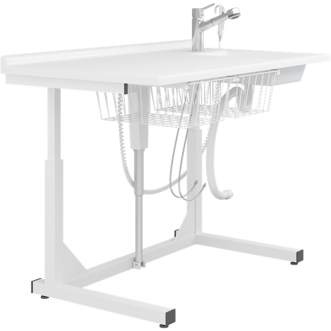 Wickeltisch, 800 x 1400 mm, elektrisch höhenverstellbar, mit sanitären Artikeln und Armatur mit Ausziehbrause