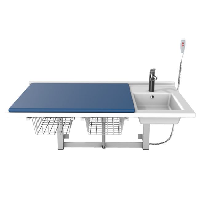 Solution avec table à langer, 800 x 1400 mm, réglable en hauteur électriquement, avec lavabo et matelas