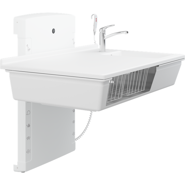 Changing table, 800 x 1400 mm, electrically height adjustable, with sanitary appliances and standard mixer tap