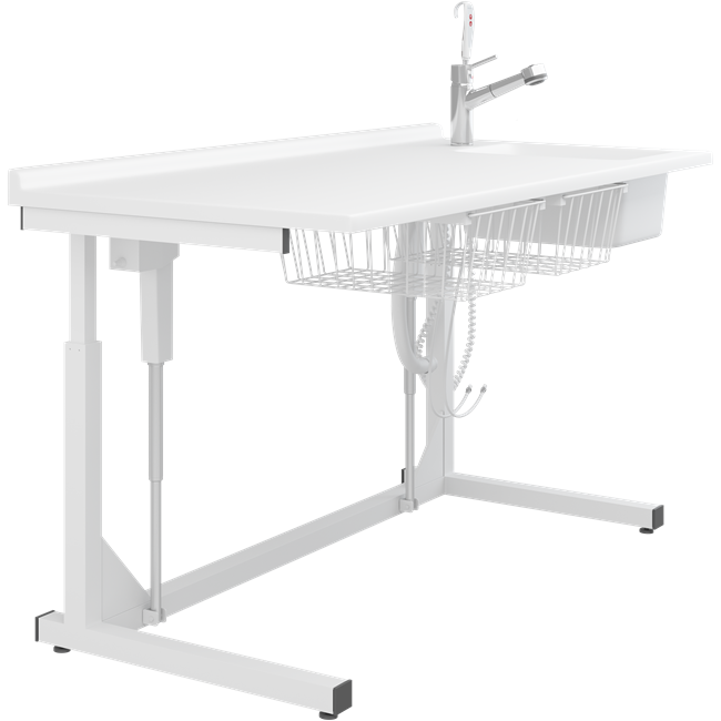 Changing table, 800 x 1800 mm, electrically height adjustable, with sanitary appliances and mixer tap with pull-out spout