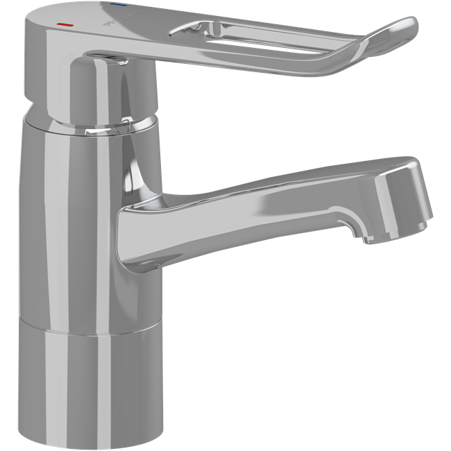 Mixer tap with long rotatable spout and loop-shaped operating lever