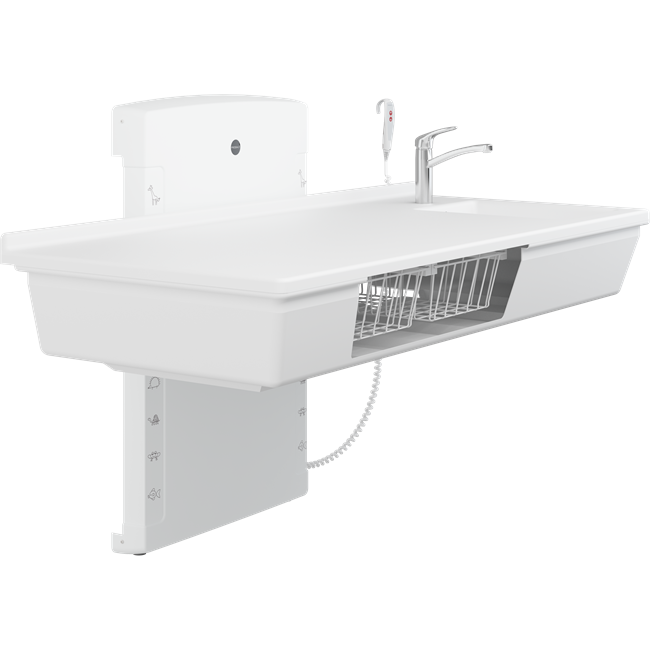 Wickeltisch, 800 x 1800 mm, elektrisch höhenverstellbar, mit sanitären Artikeln und Armatur