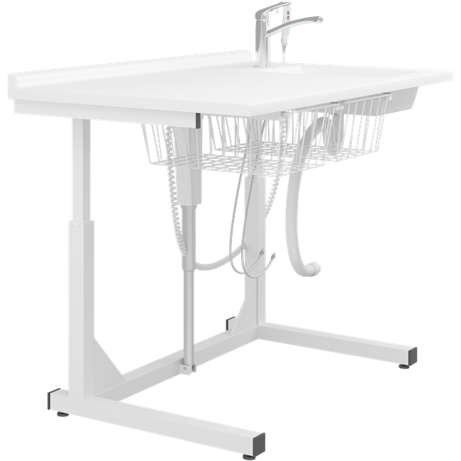 Changing table, 800 x 1400 mm, electrically height adjustable, with sanitary appliances and standard mixer tap